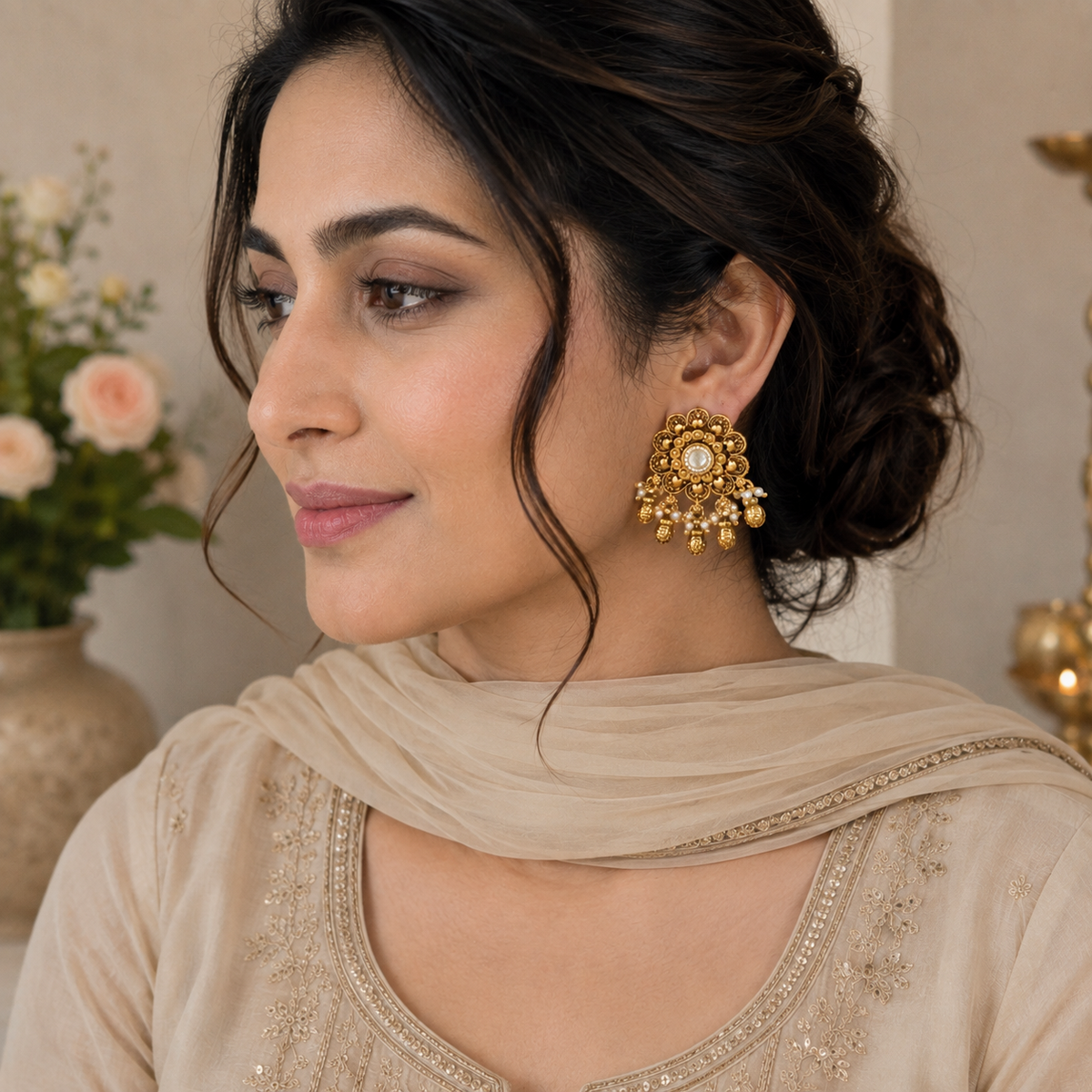 Antique Gold Floral Kundan Ball Drop Earring