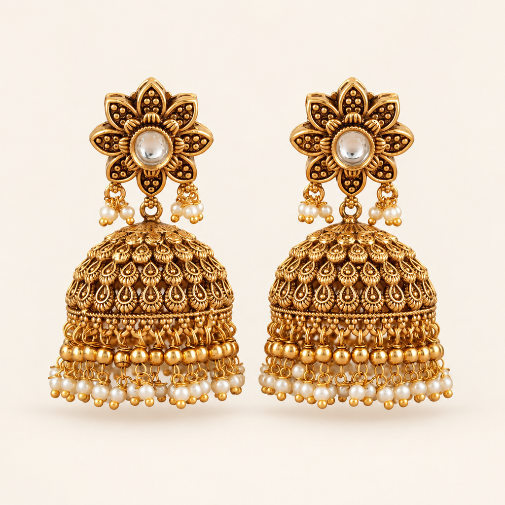 Stunning antique gold kundan pearl drop jhumka earring