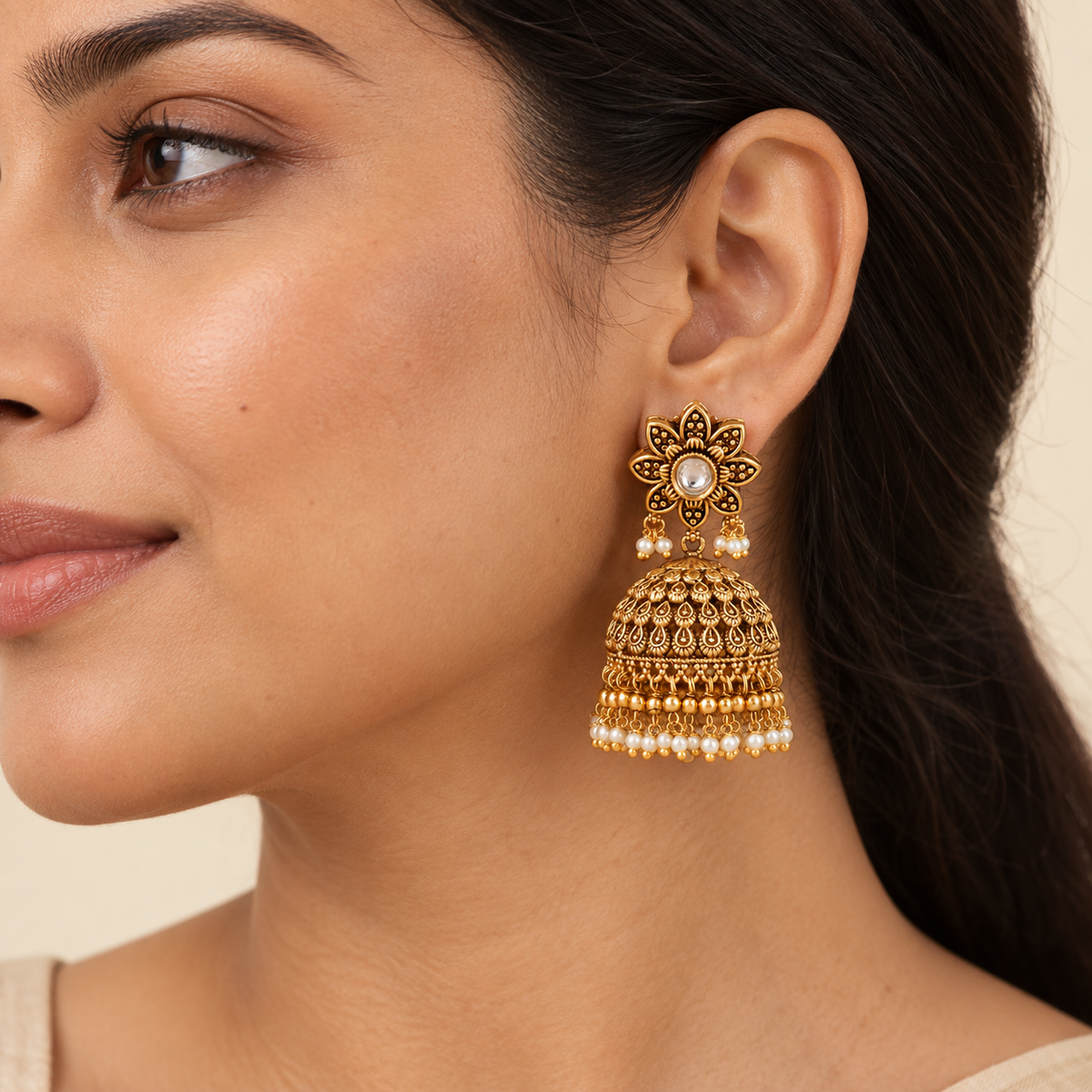 Stunning antique gold kundan pearl drop jhumka earring