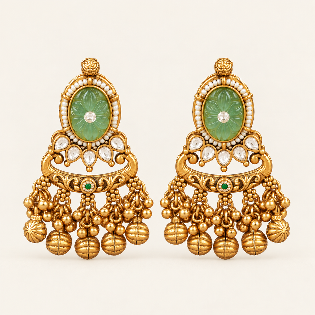 Long antique gold stone rajwadi kundan earring