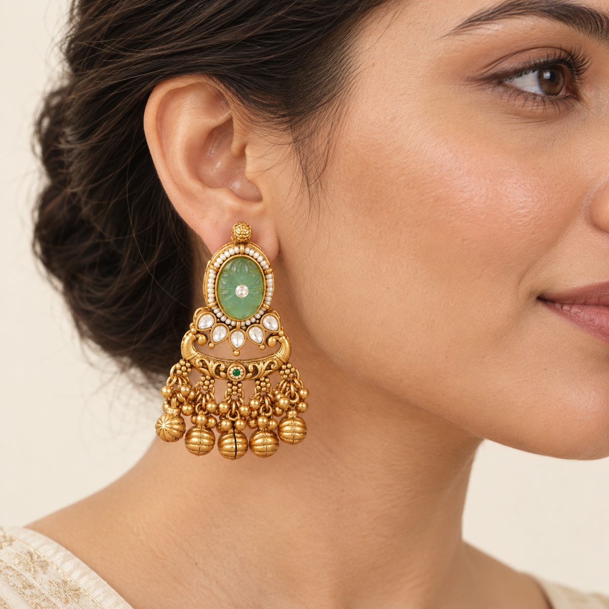 Long antique gold stone rajwadi kundan earring