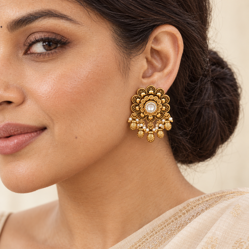Antique Gold Floral Kundan Ball Drop Earring