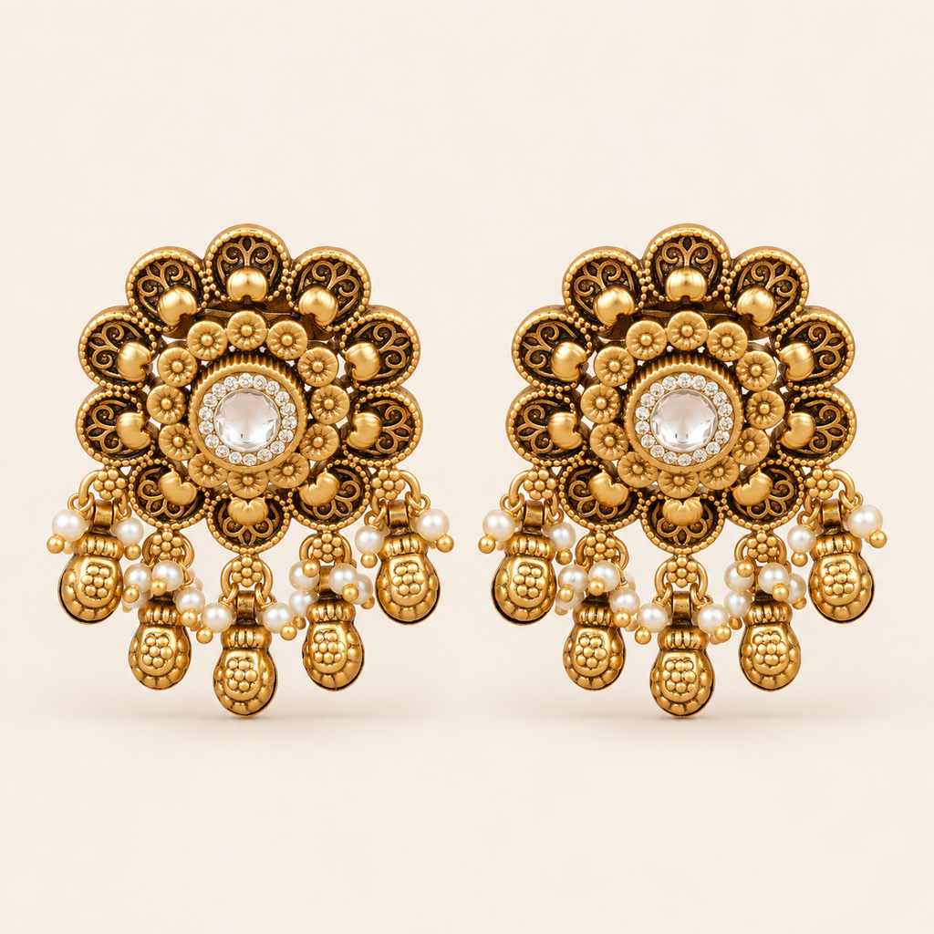 Antique Gold Floral Kundan Ball Drop Earring