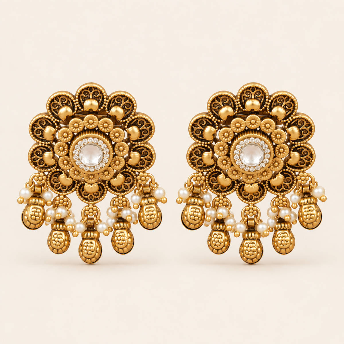 Antique Gold Floral Kundan Ball Drop Earring