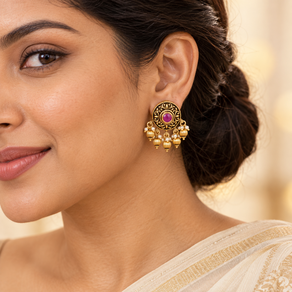 Stunning stone antique ball pearl traditional earring
