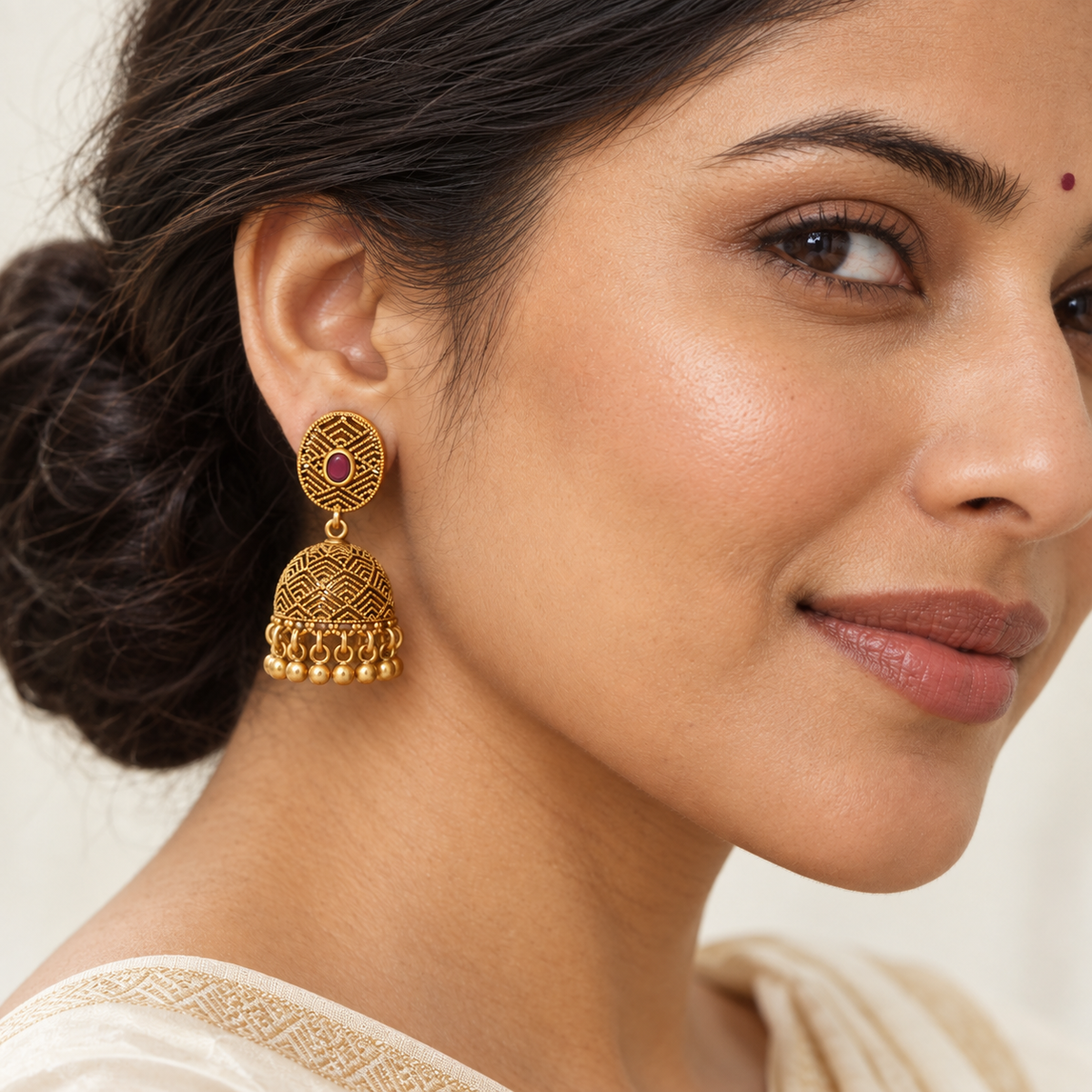 Gold Plated Stone Ball Jhumka Earring