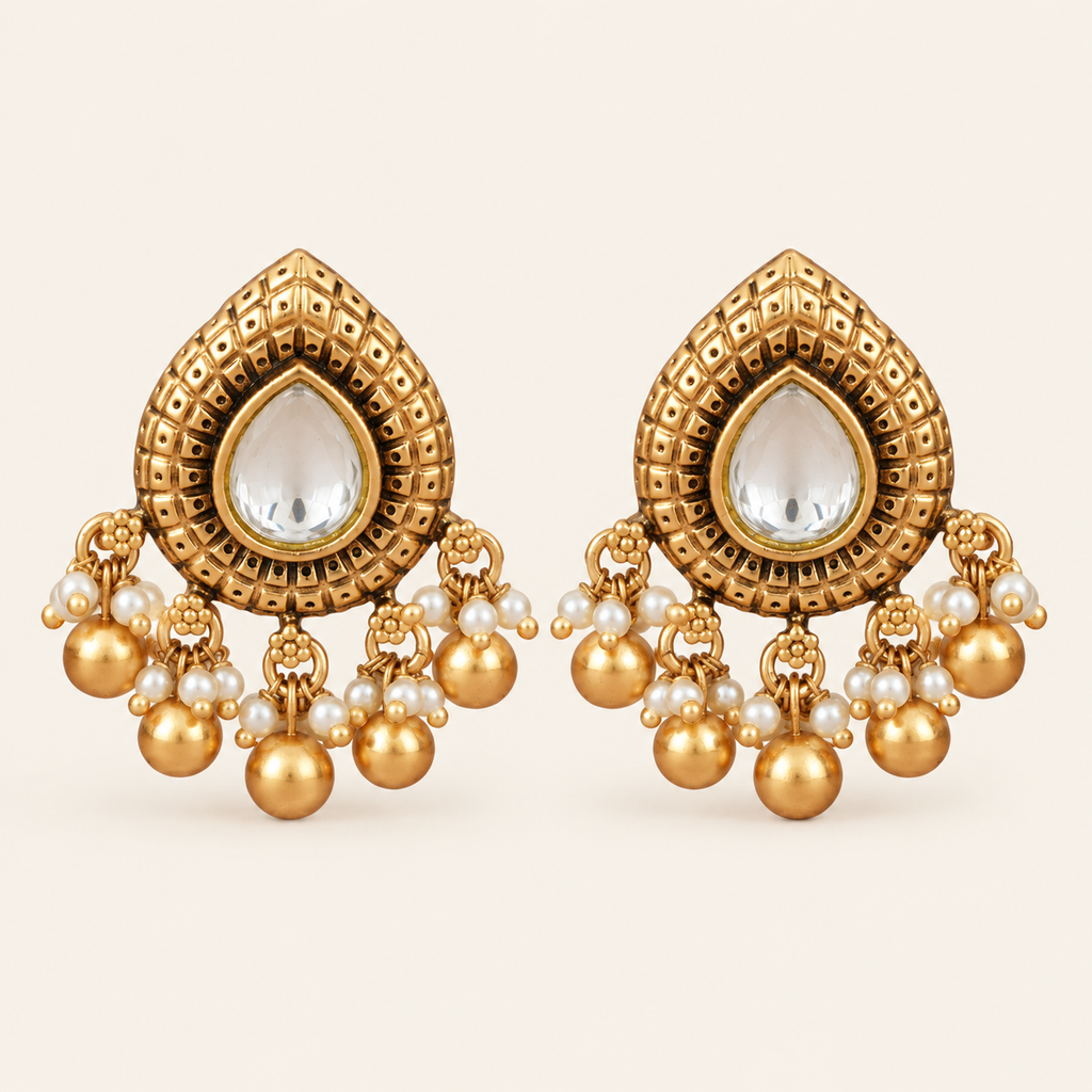 Stunning ball drop kundan antique gold earring