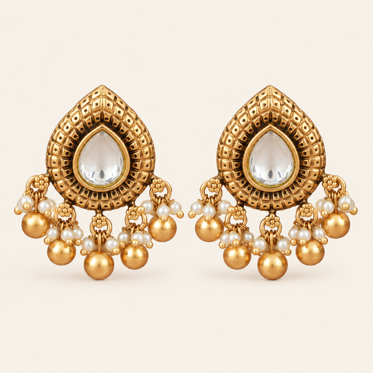 Stunning ball drop kundan antique gold earring