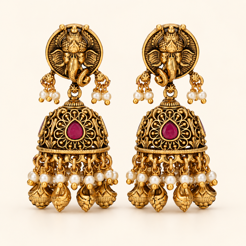 Lord Ganesh gold ruby jhumka earring