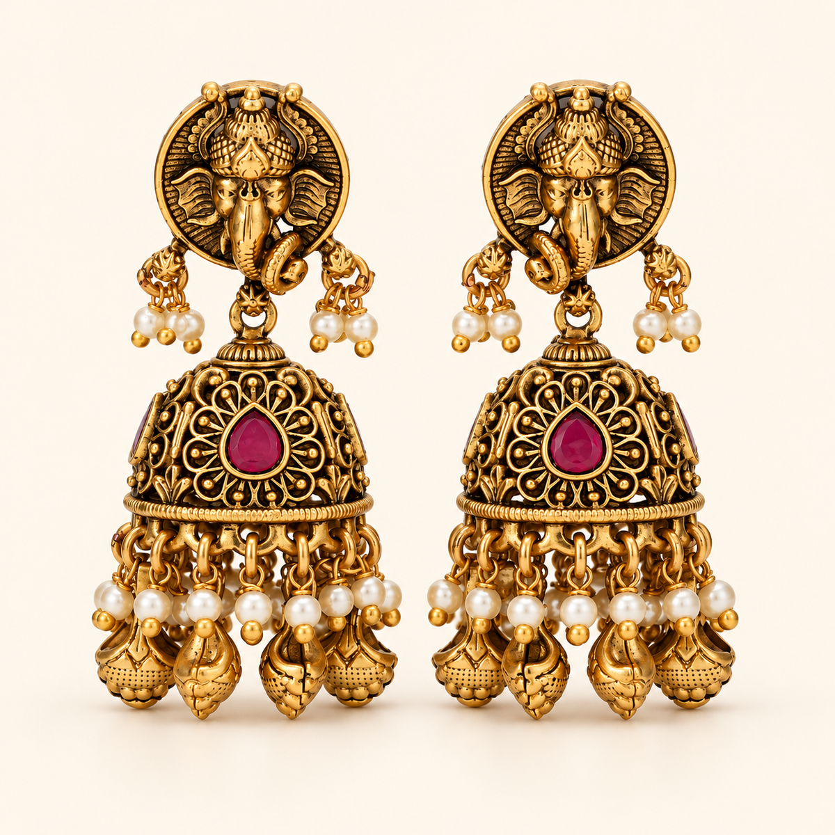 Lord Ganesh gold ruby jhumka earring