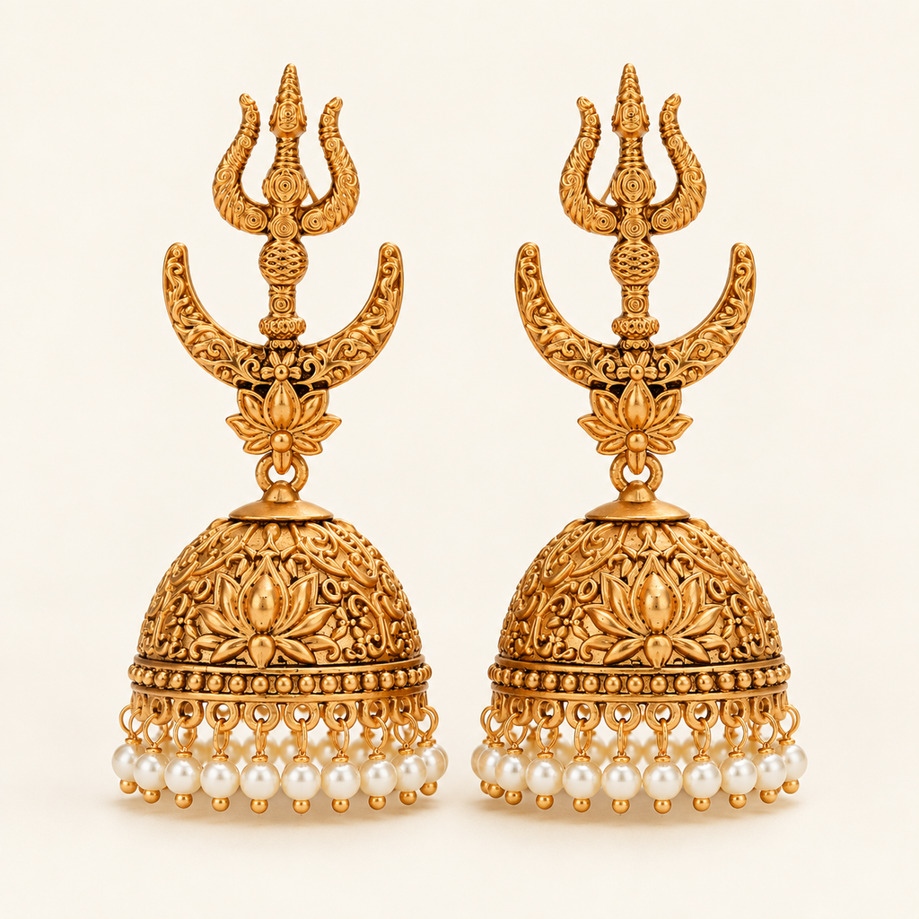Long antique gold trishul jhumka earring