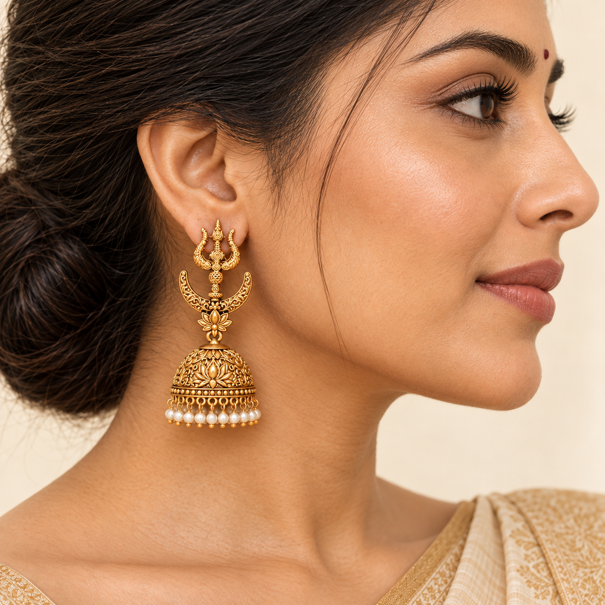 Long antique gold trishul jhumka earring