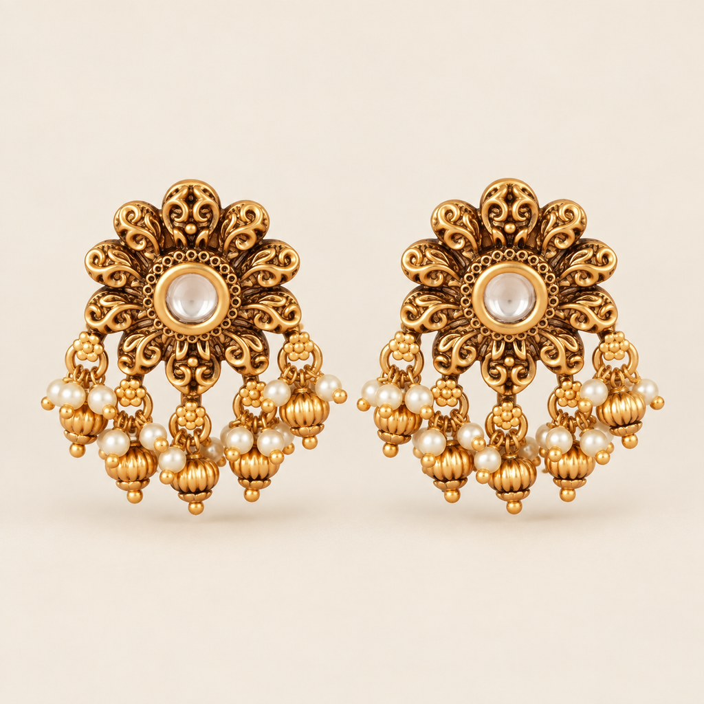 Floral antique gold pearl drop kundan earring