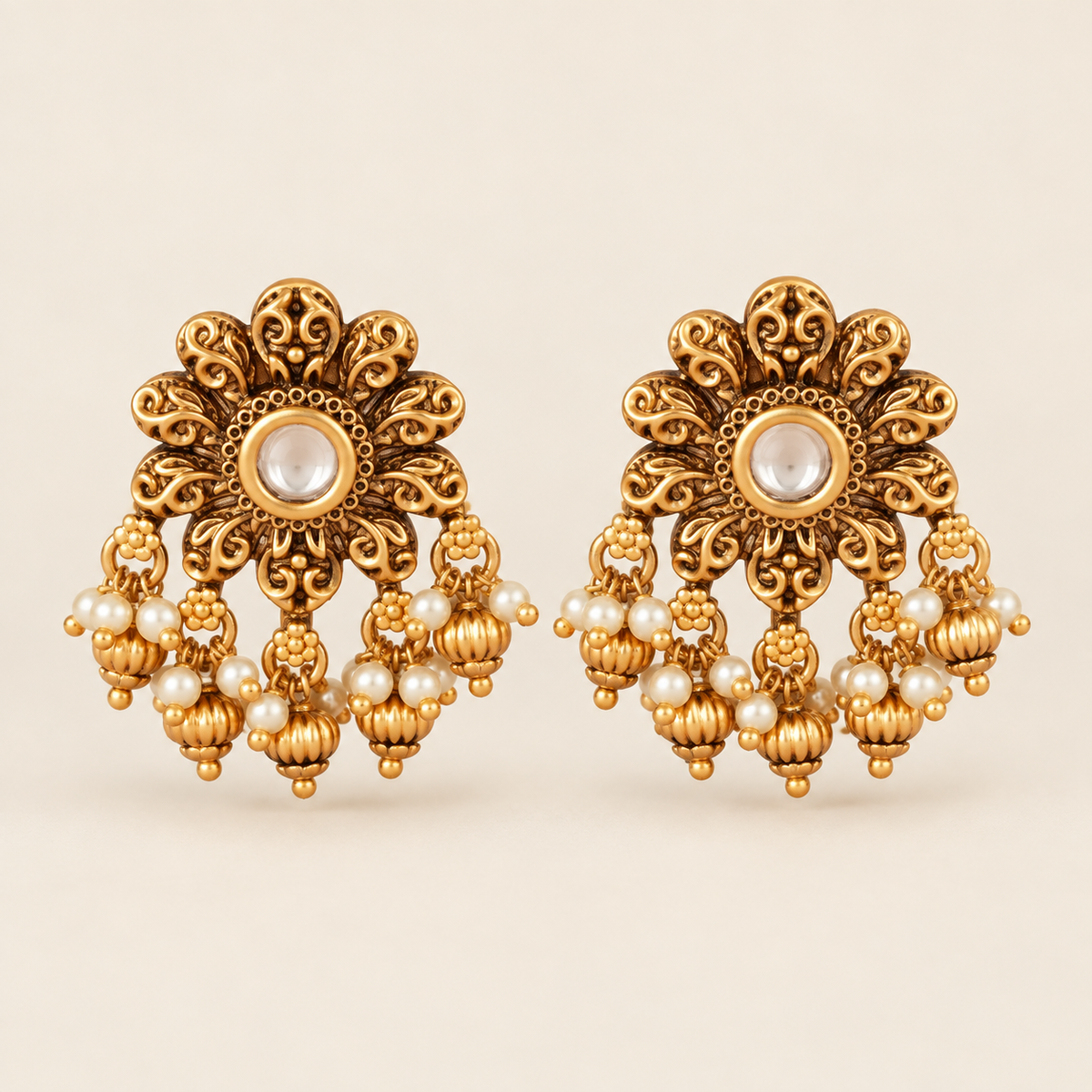 Floral antique gold pearl drop kundan earring