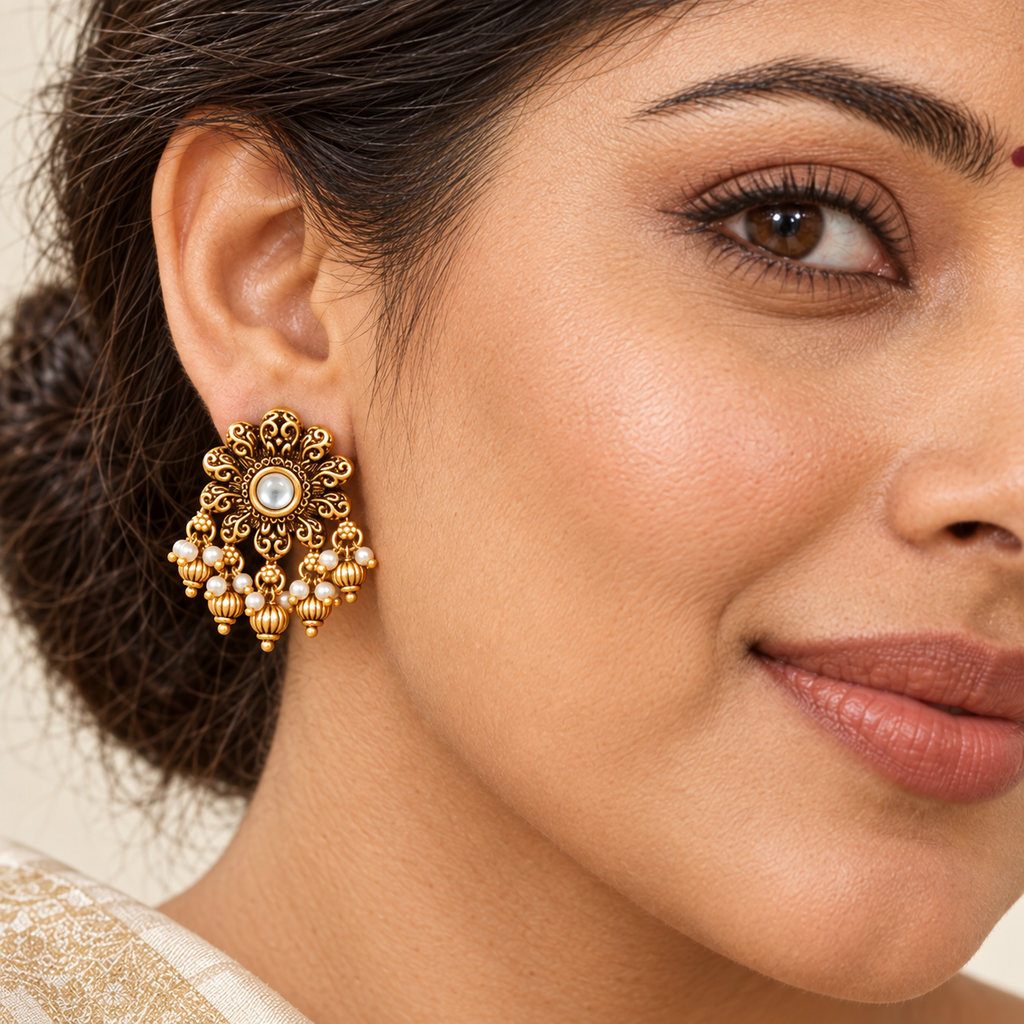 Floral antique gold pearl drop kundan earring