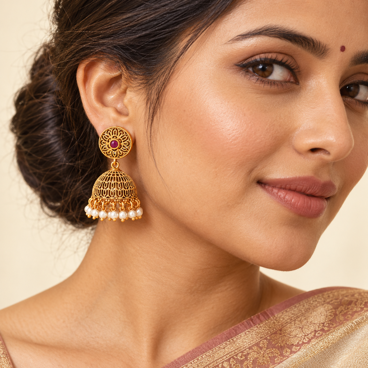 Beautiful pearl drop gold jhumka earring