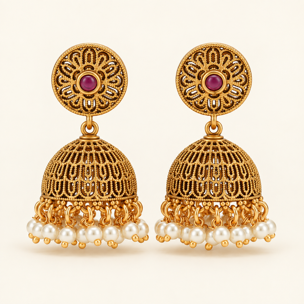 Beautiful pearl drop gold jhumka earring