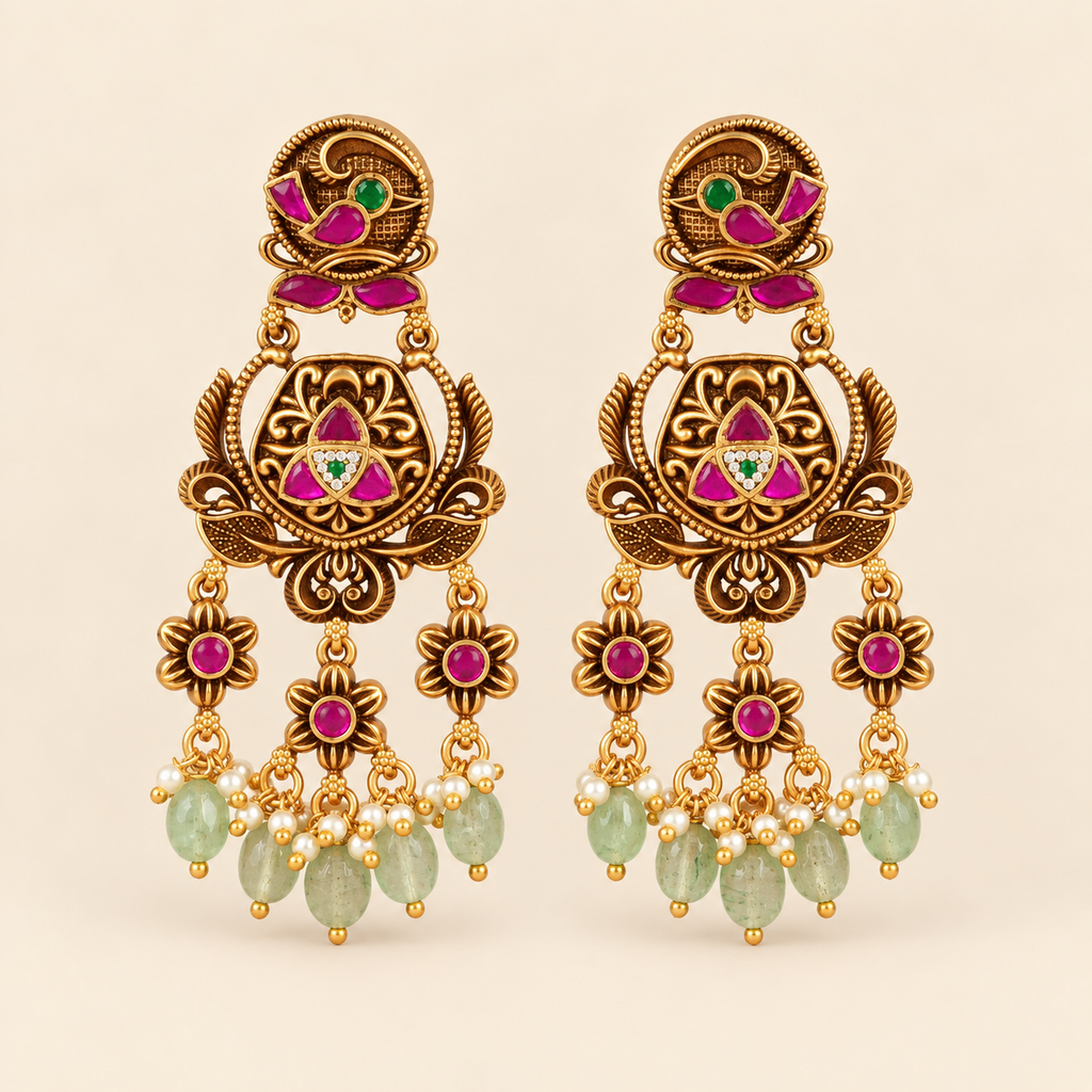 Beautiful long stone antique gold dangler earring