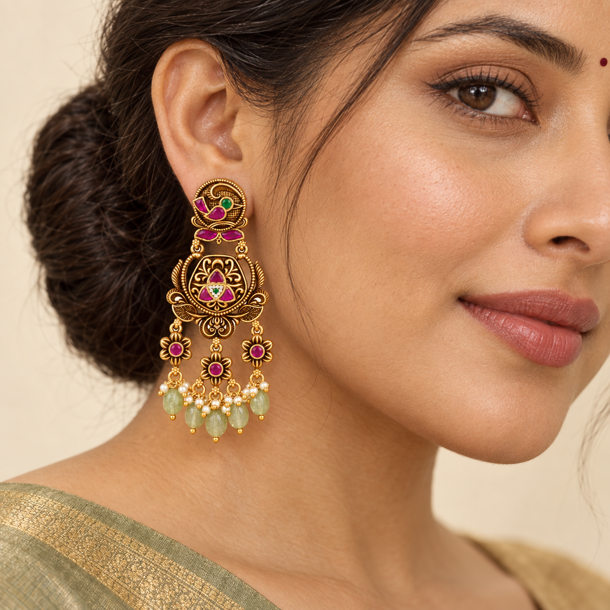 Beautiful long stone antique gold dangler earring