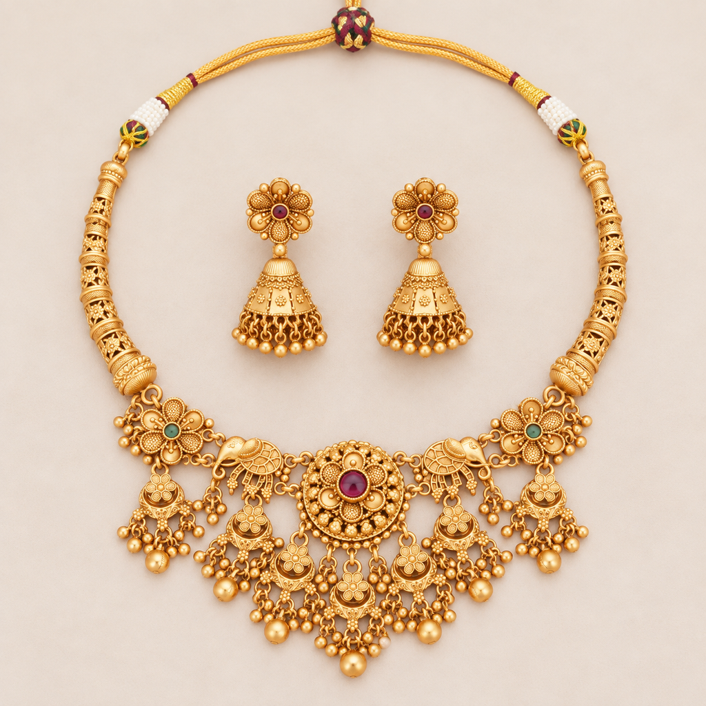 Beautiful antique gold floral hasli necklace set