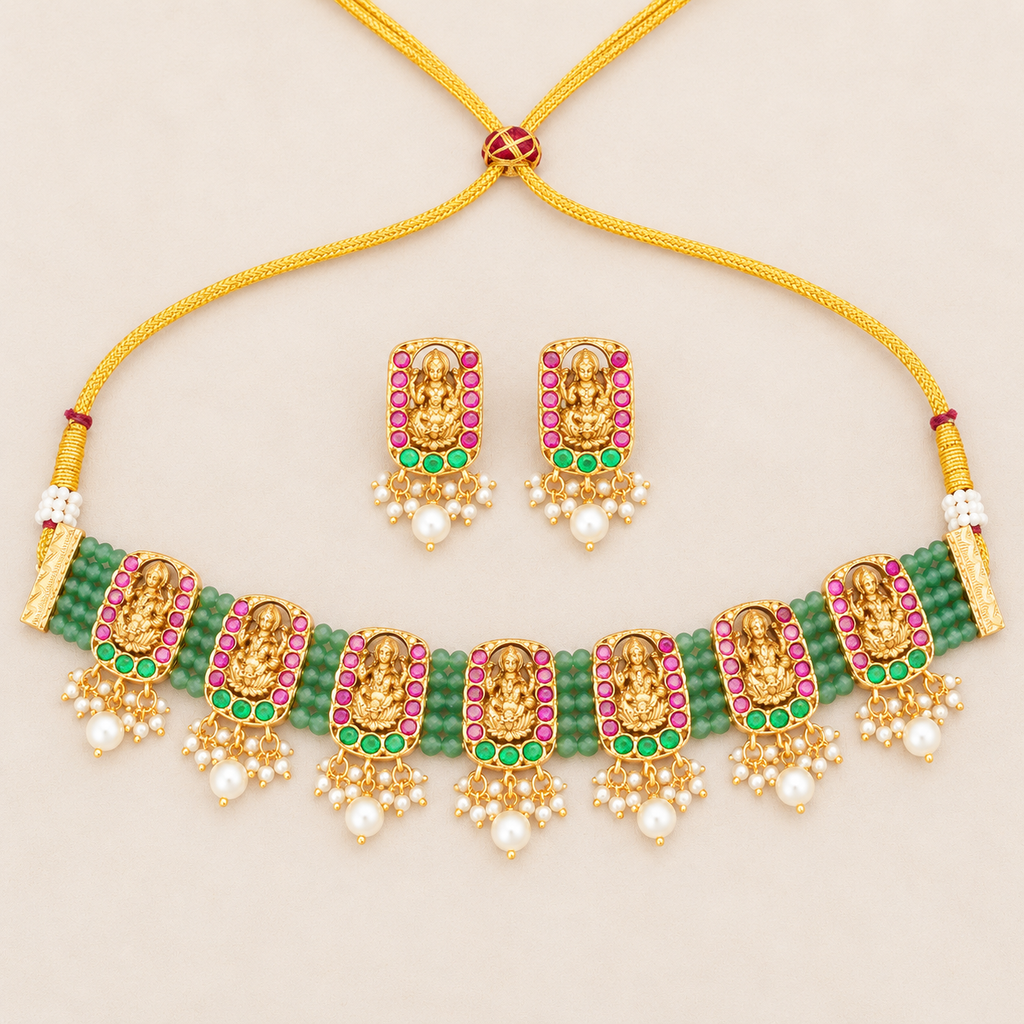 Stunning multicolor antique gold maa lakshmi necklace set