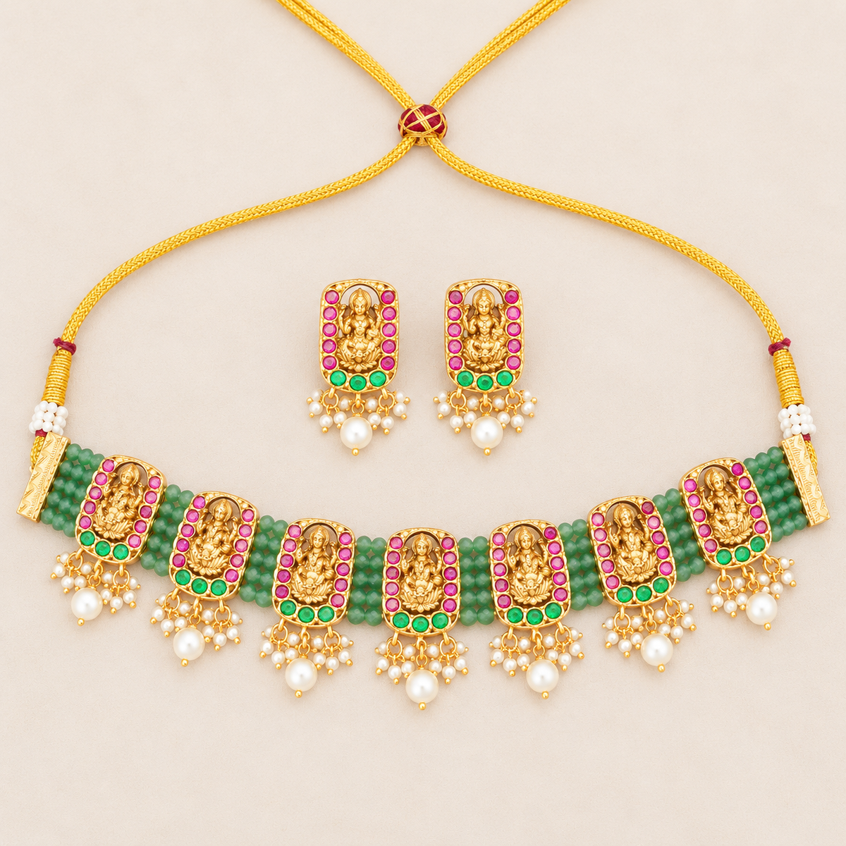 Stunning multicolor antique gold maa lakshmi necklace set