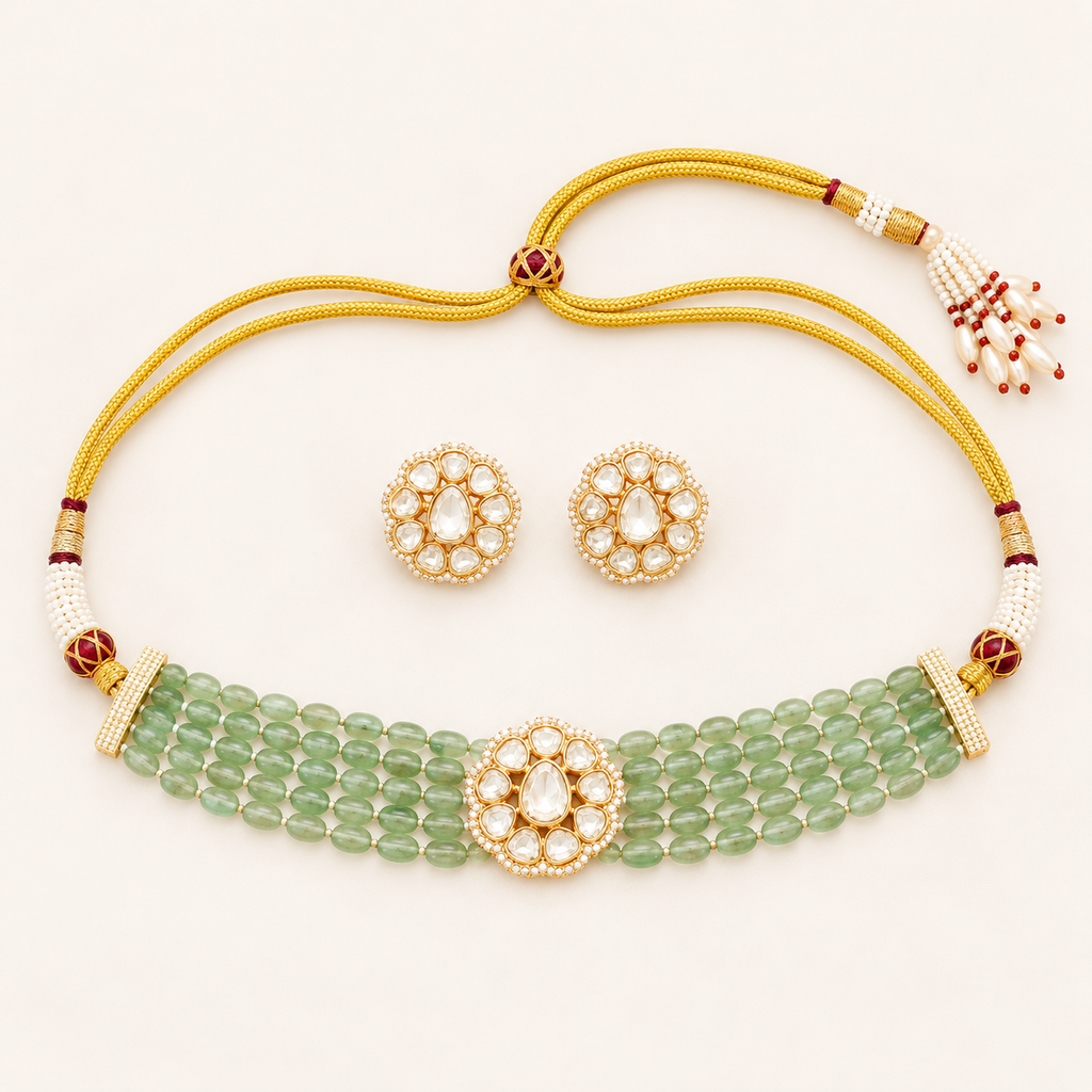 Green beaded kundan choker necklace set