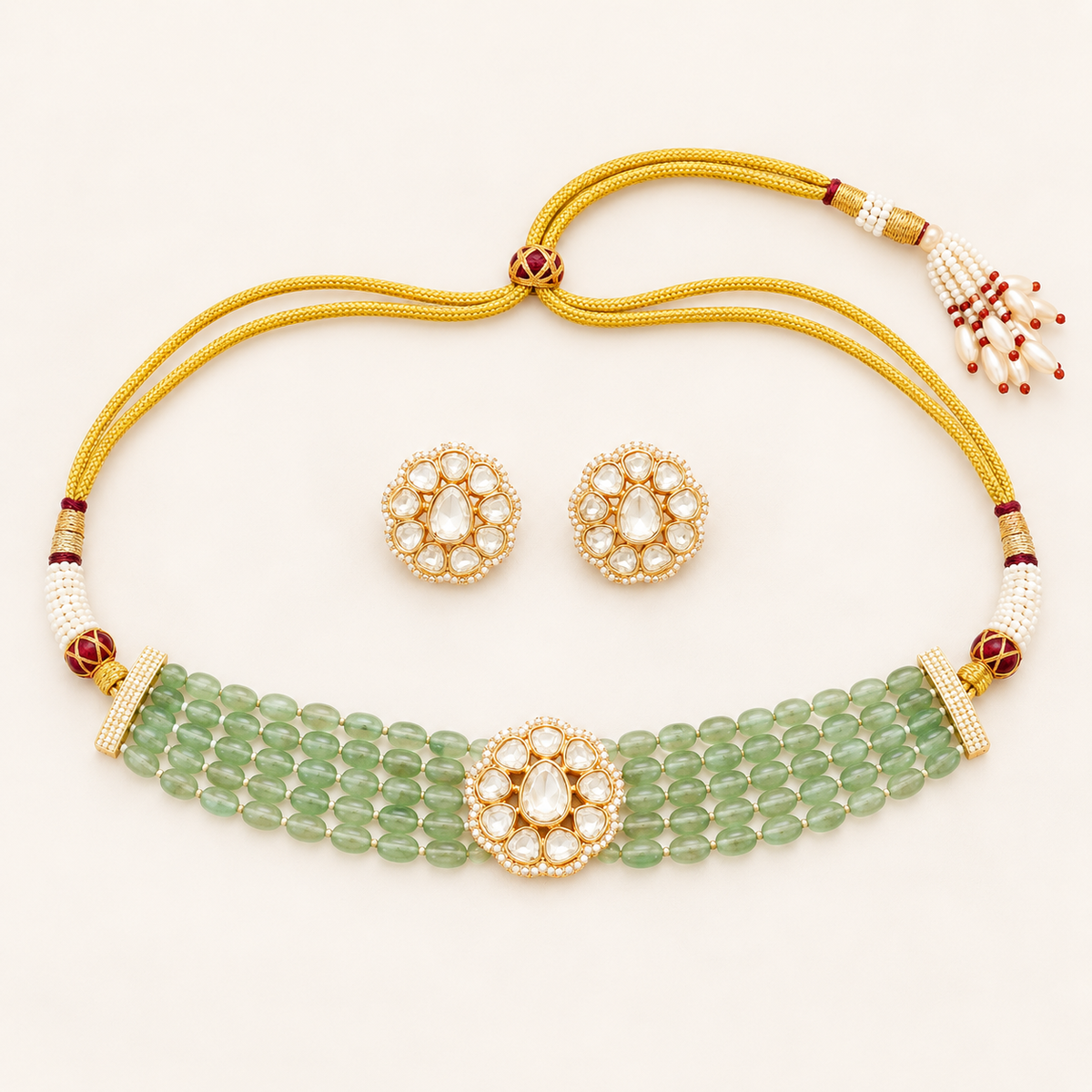 Green beaded kundan choker necklace set