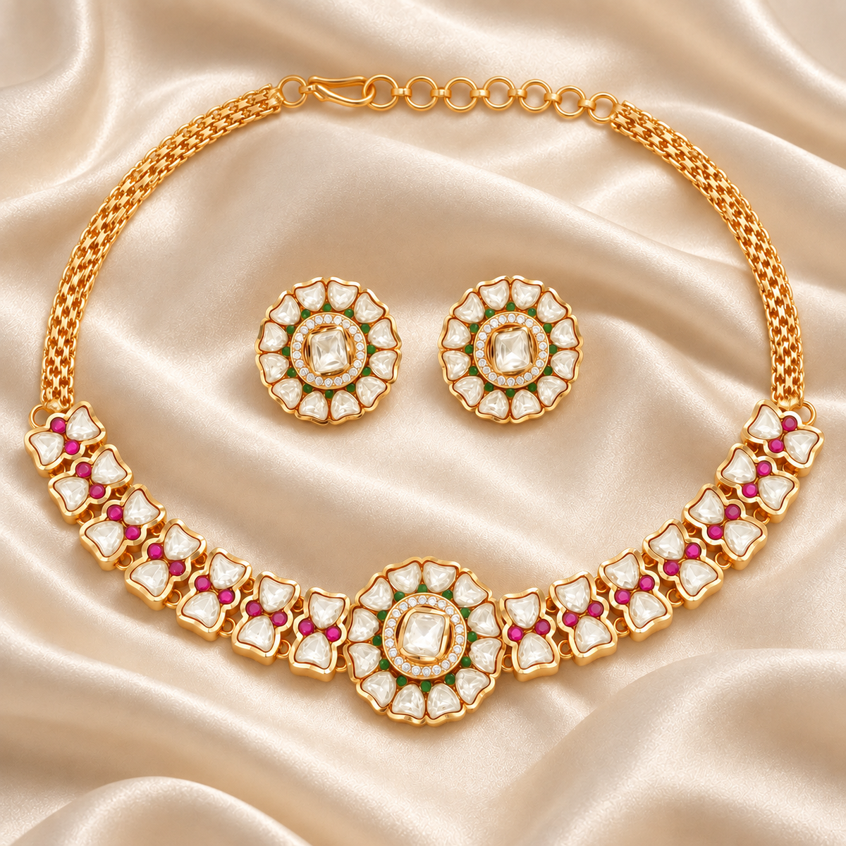 Floral Kundan Choker Necklace Set with Earrings