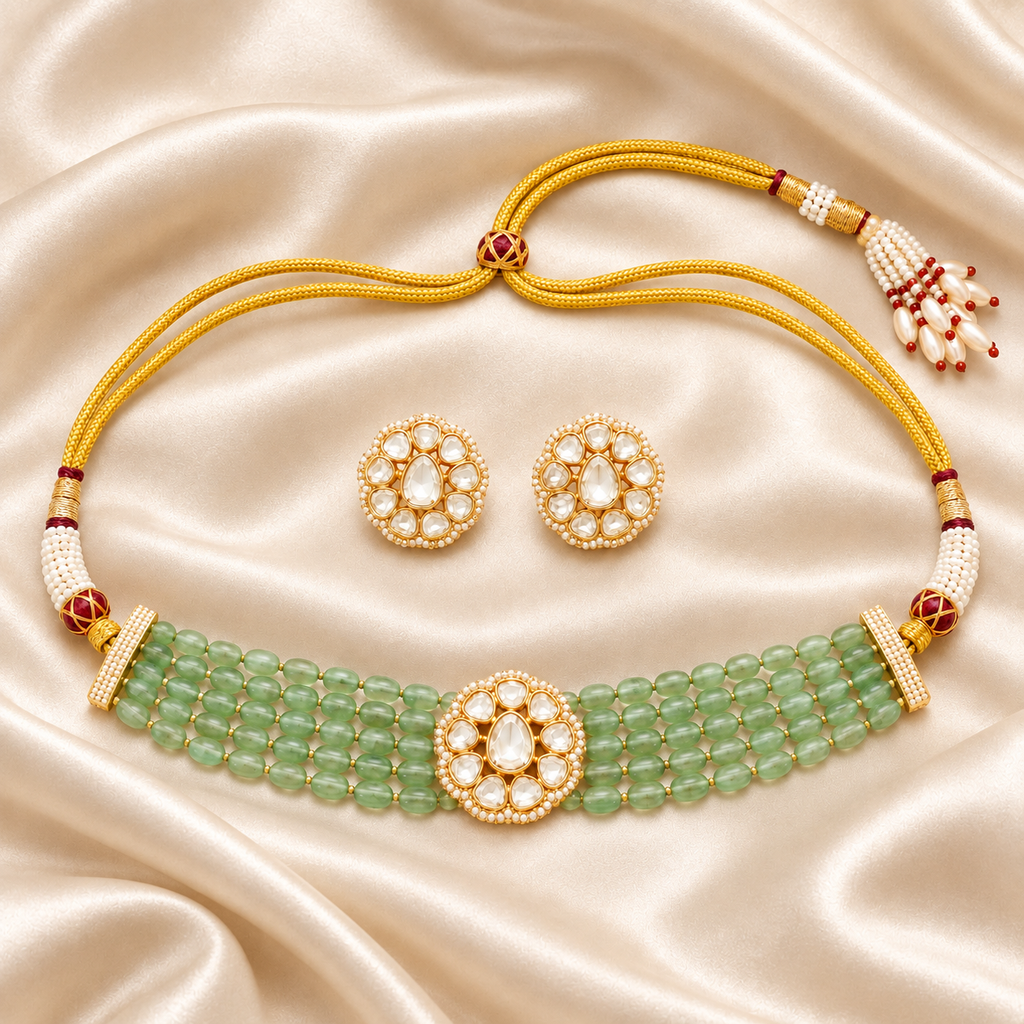 Green beaded kundan choker necklace set