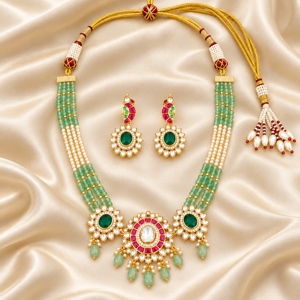 Emerald Beaded Kundan Necklace Set
