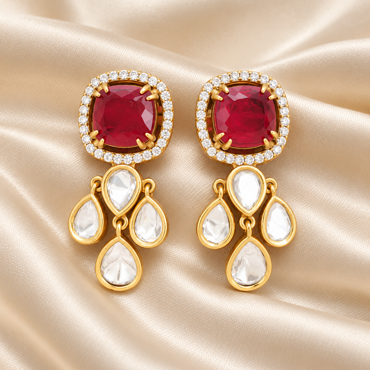 Ruby Red Kundan Earrings with Tear drop Drops