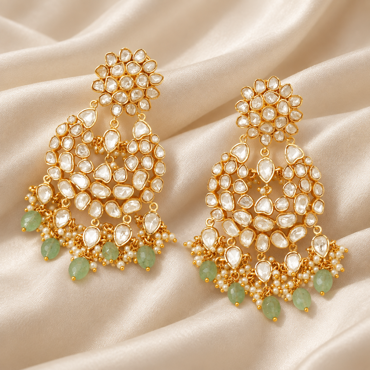 Green Beaded Kundan Chandbali Earrings