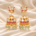 Ruby Kundan Jhumka Earrings with Green Beads