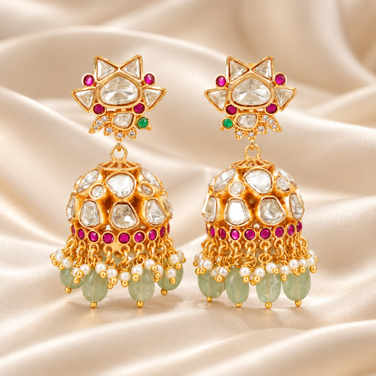 Ruby Kundan Jhumka Earrings with Green Beads