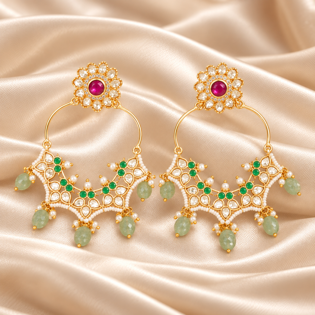 Green Kundan Chandbali Earrings