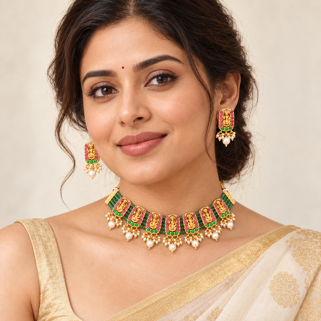 Stunning multicolor antique gold maa lakshmi necklace set