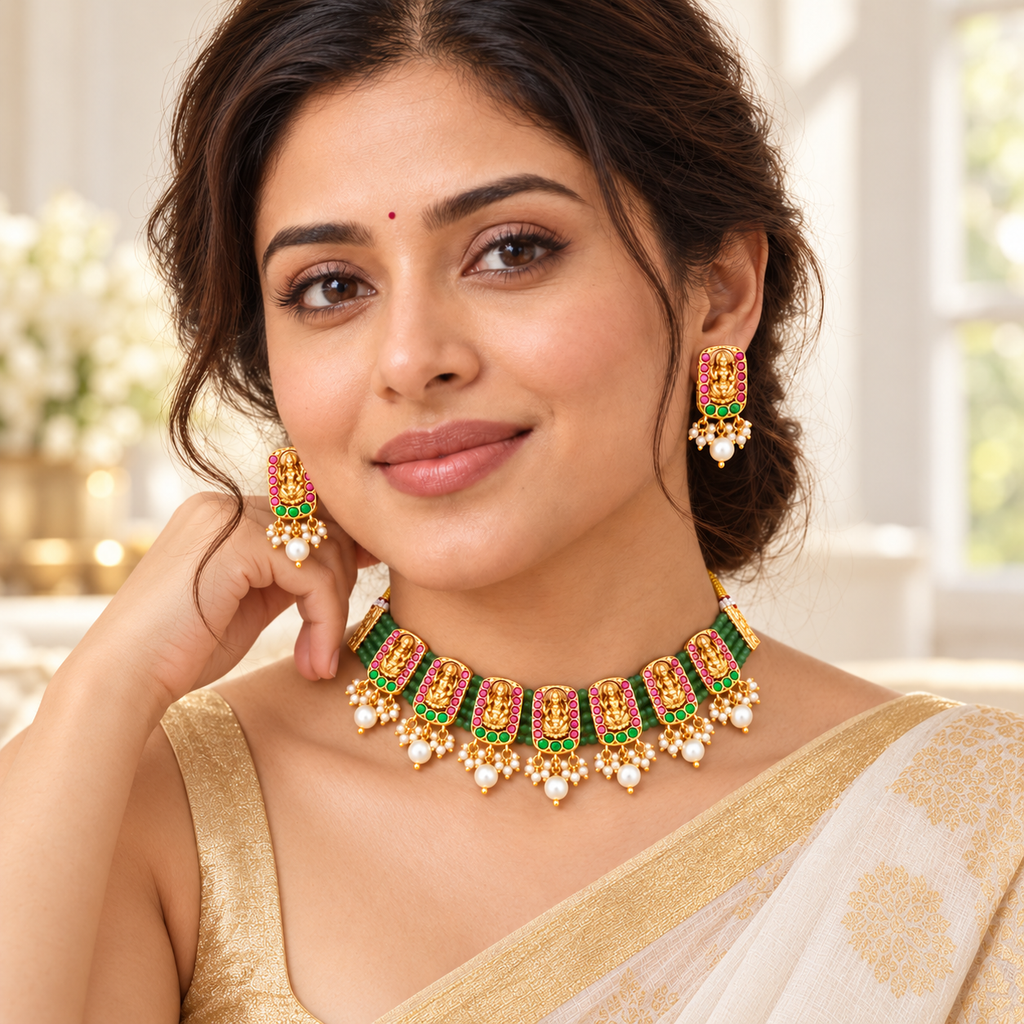 Stunning multicolor antique gold maa lakshmi necklace set