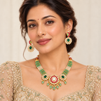Gold Emerald Beaded Kundan Necklace Set