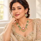 Gold Emerald Beaded Kundan Necklace Set