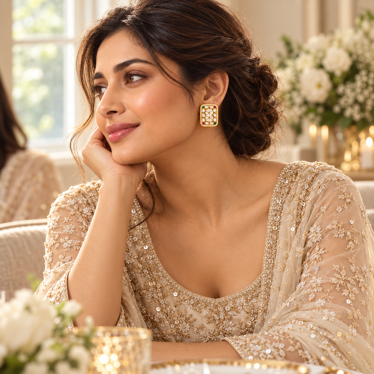 Ruby Emerald Geometric Kundan Stud Earrings