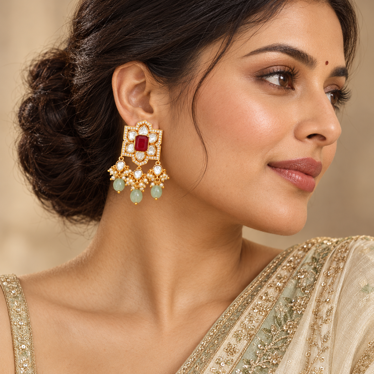 Ruby Red Kundan Earrings with Pearl & Green Bead Drops