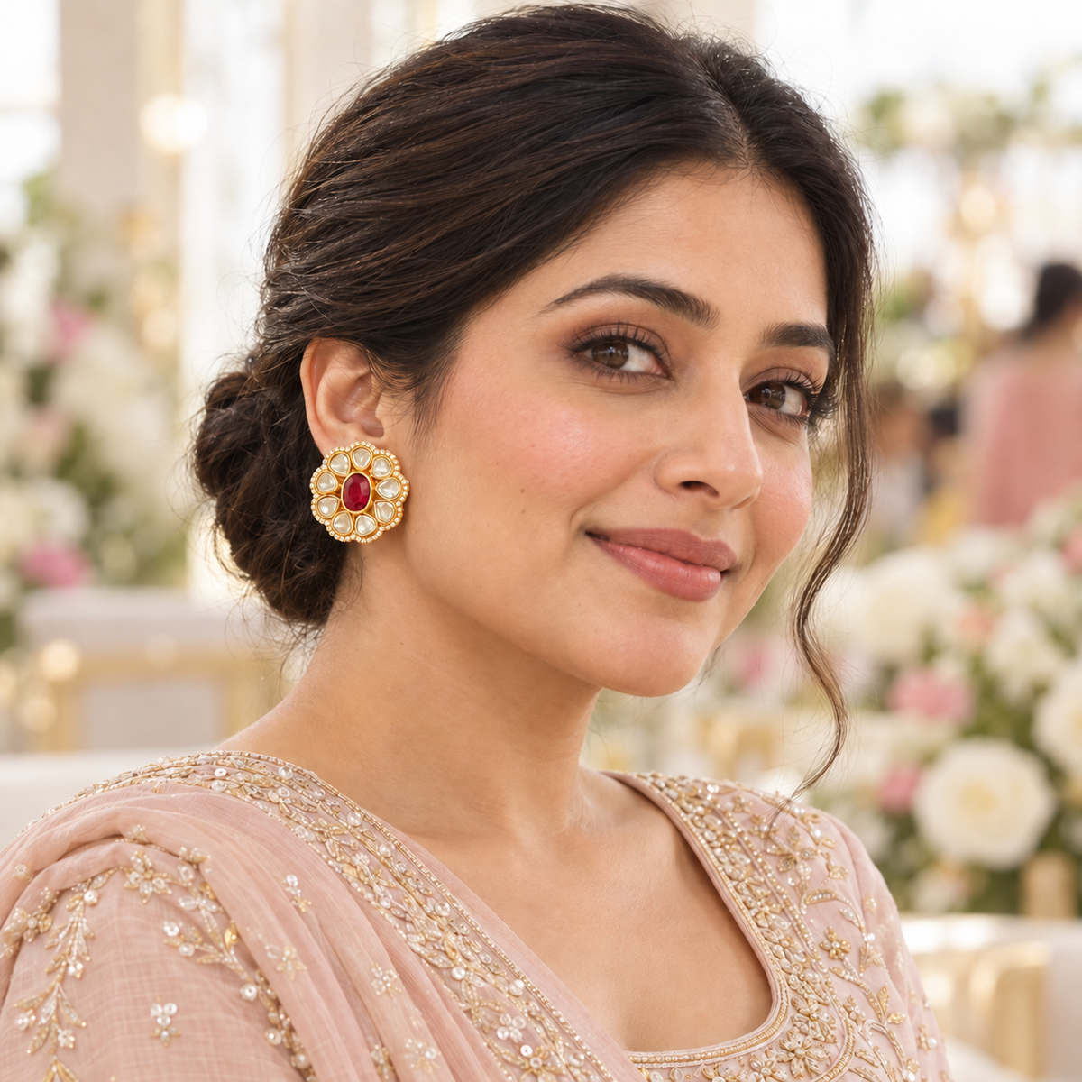Ruby Red Floral Kundan Stud Earrings