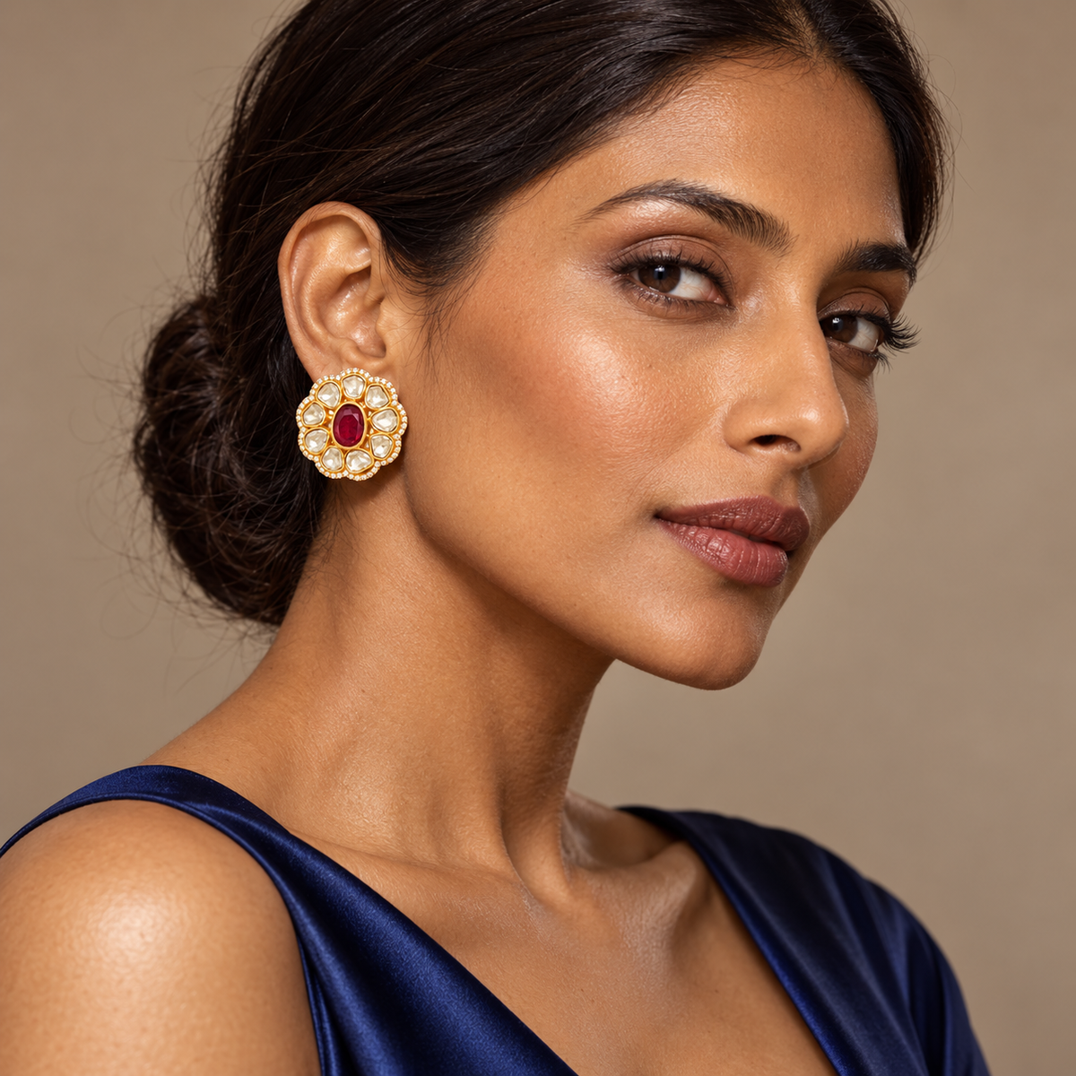 Ruby Red Floral Kundan Stud Earrings