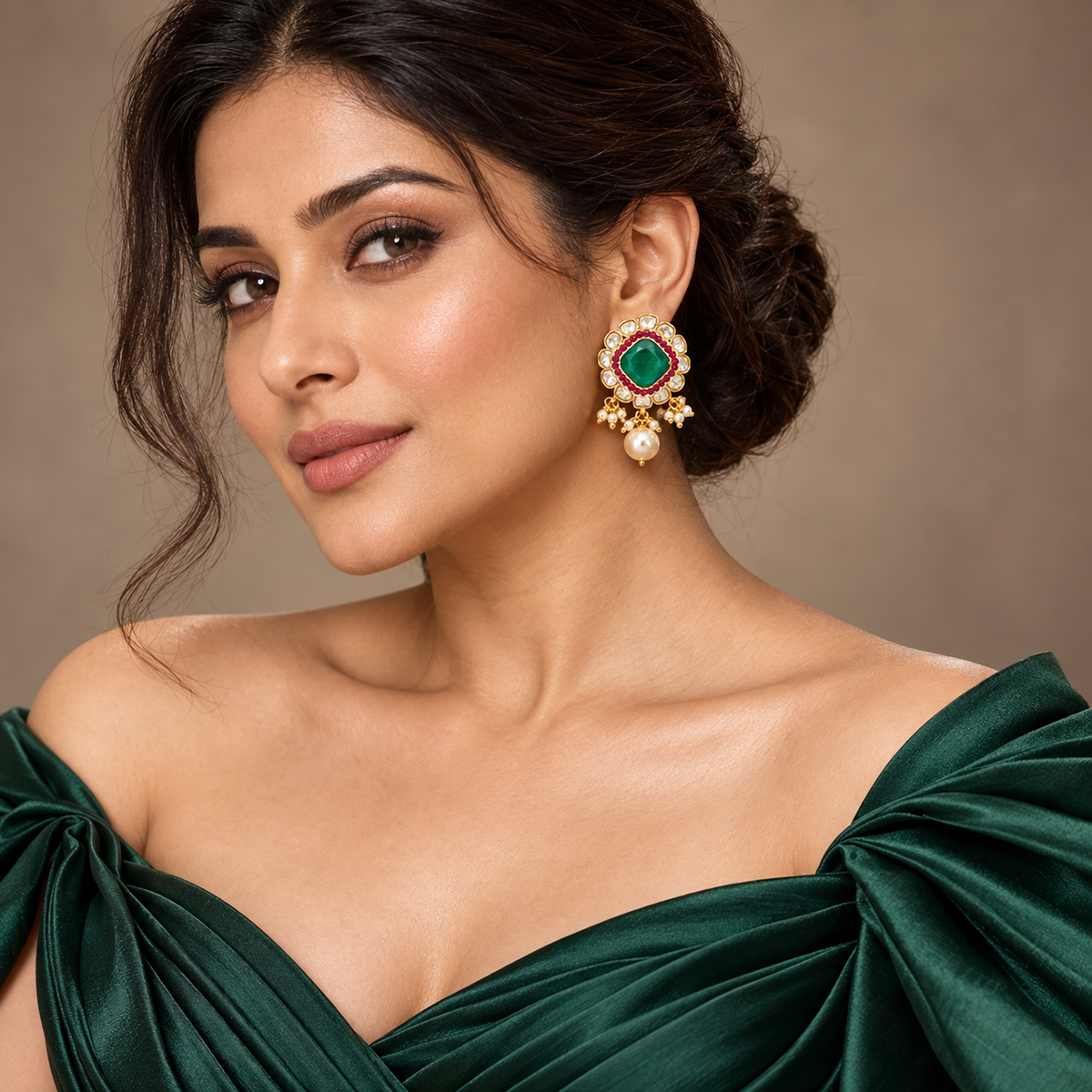 Emerald Green Kundan Earrings with Pearl Drops