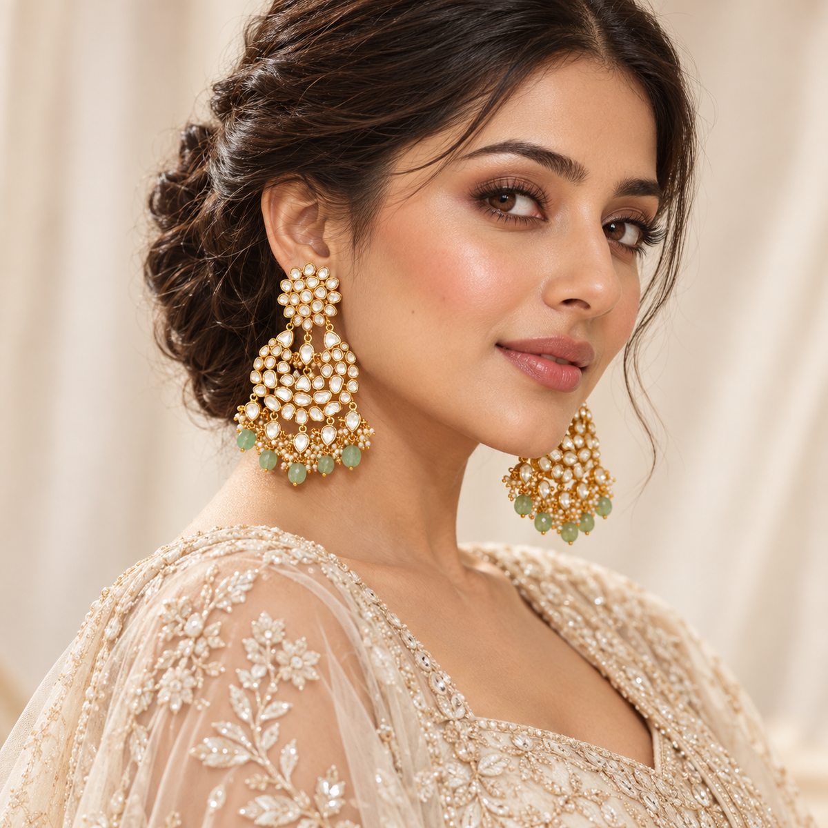 Green Beaded Kundan Chandbali Earrings