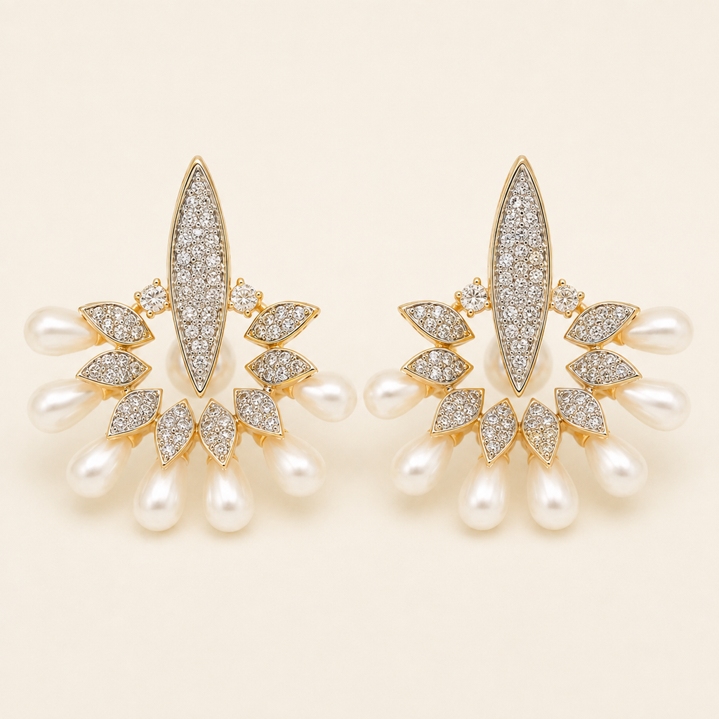 Gold Plated Pearl Drop Cz Diamond Stud Earring