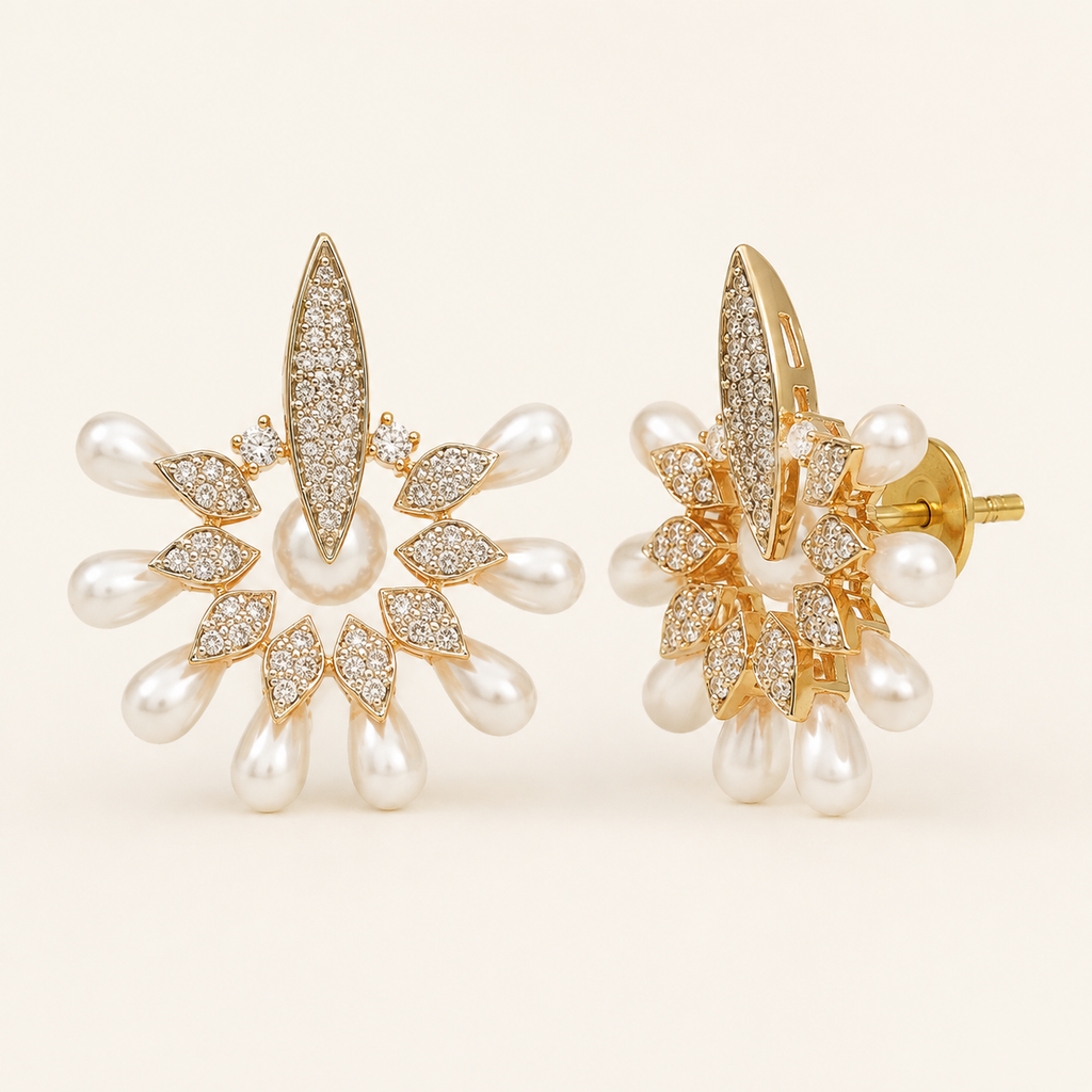 Gold Plated Pearl Drop Cz Diamond Stud Earring