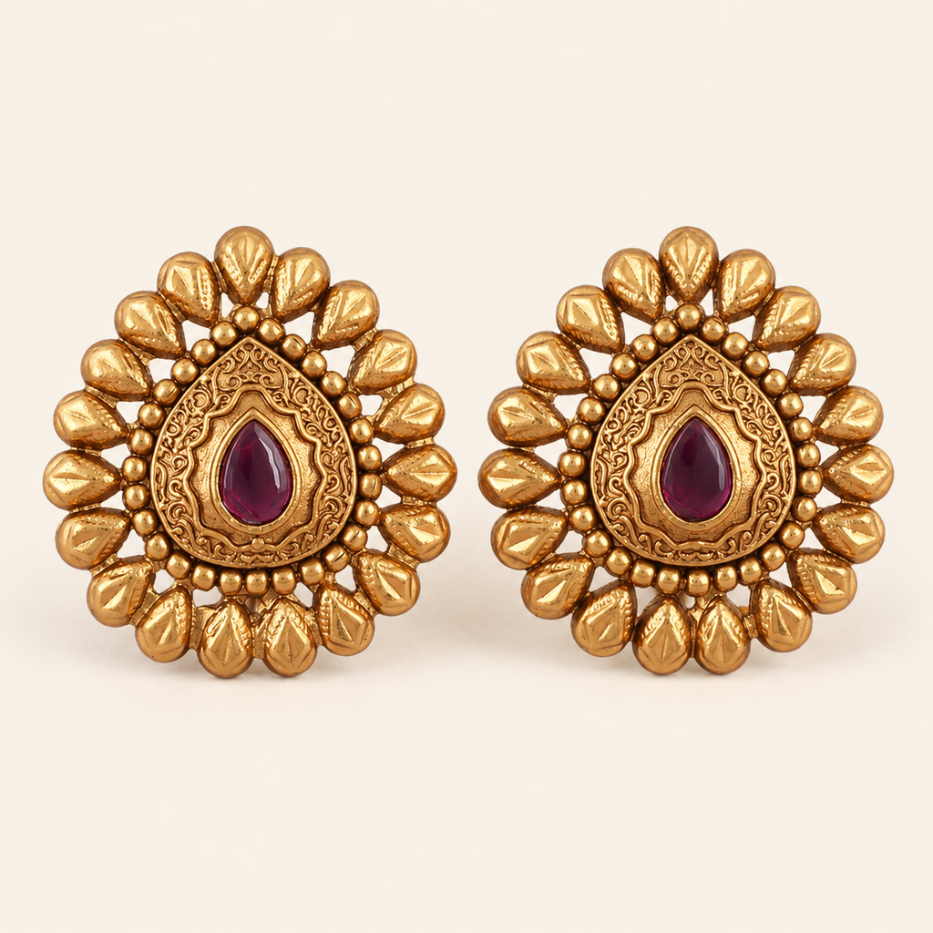 Antique Gold Plated Ruby Stone Stud Earring
