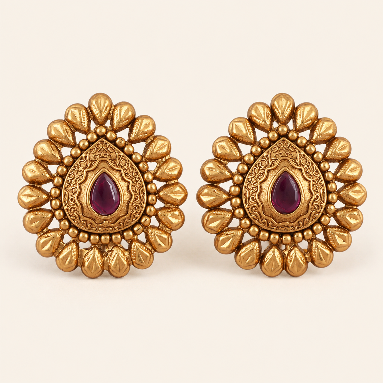 Antique Gold Plated Ruby Stone Stud Earring